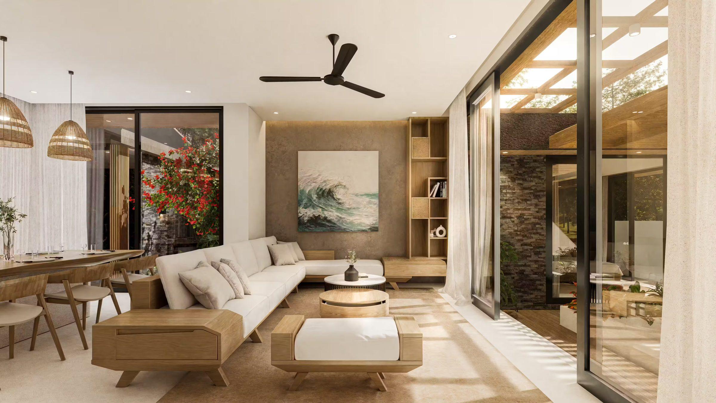 Interior of a modern Balinese villa with open living room and wooden deck