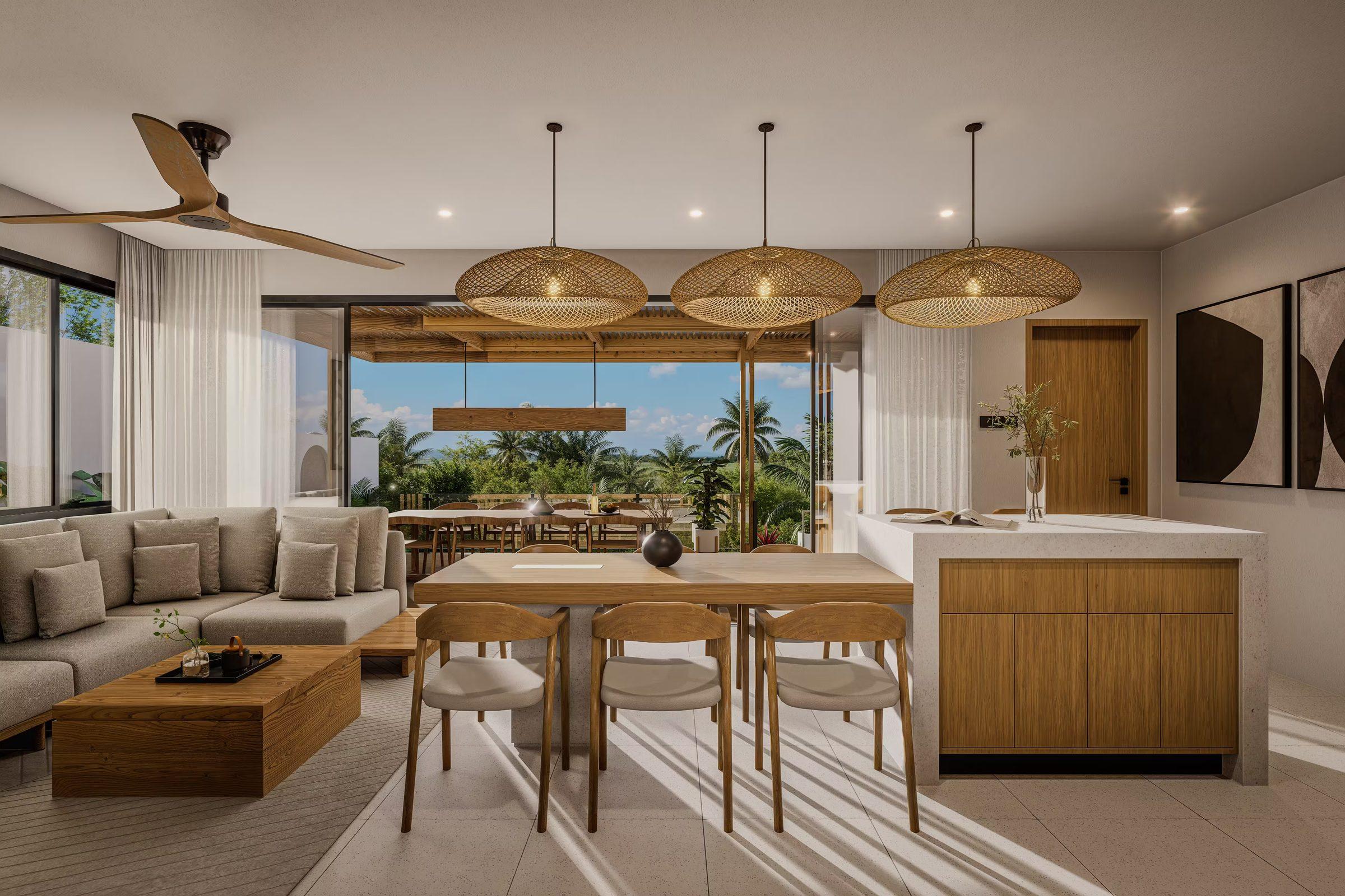 Intérieur de villa balinaise moderne avec salon ouvert sur la jungle
