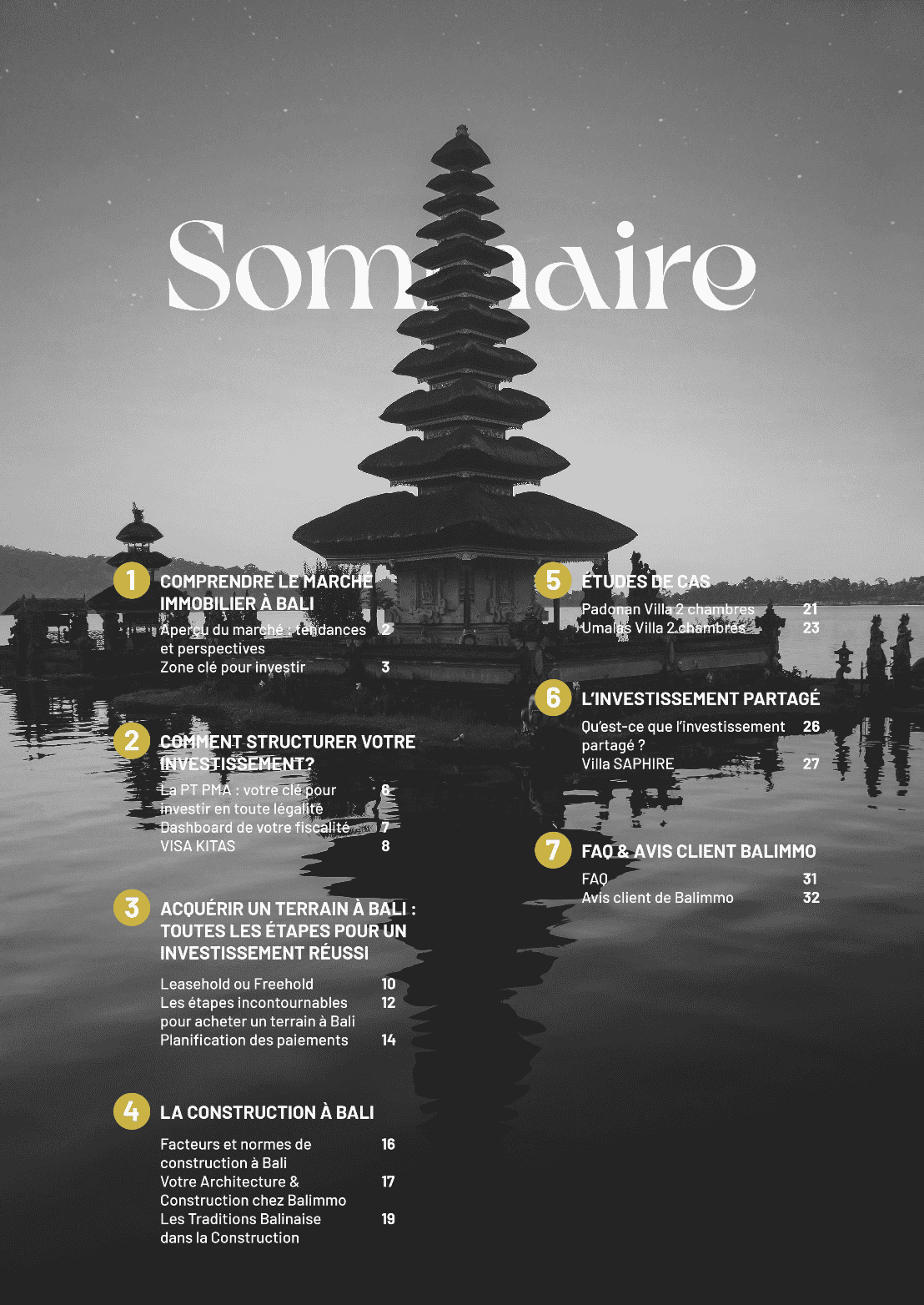 Sommaire du guide d’investissement immobilier à Bali édité par Balimmo