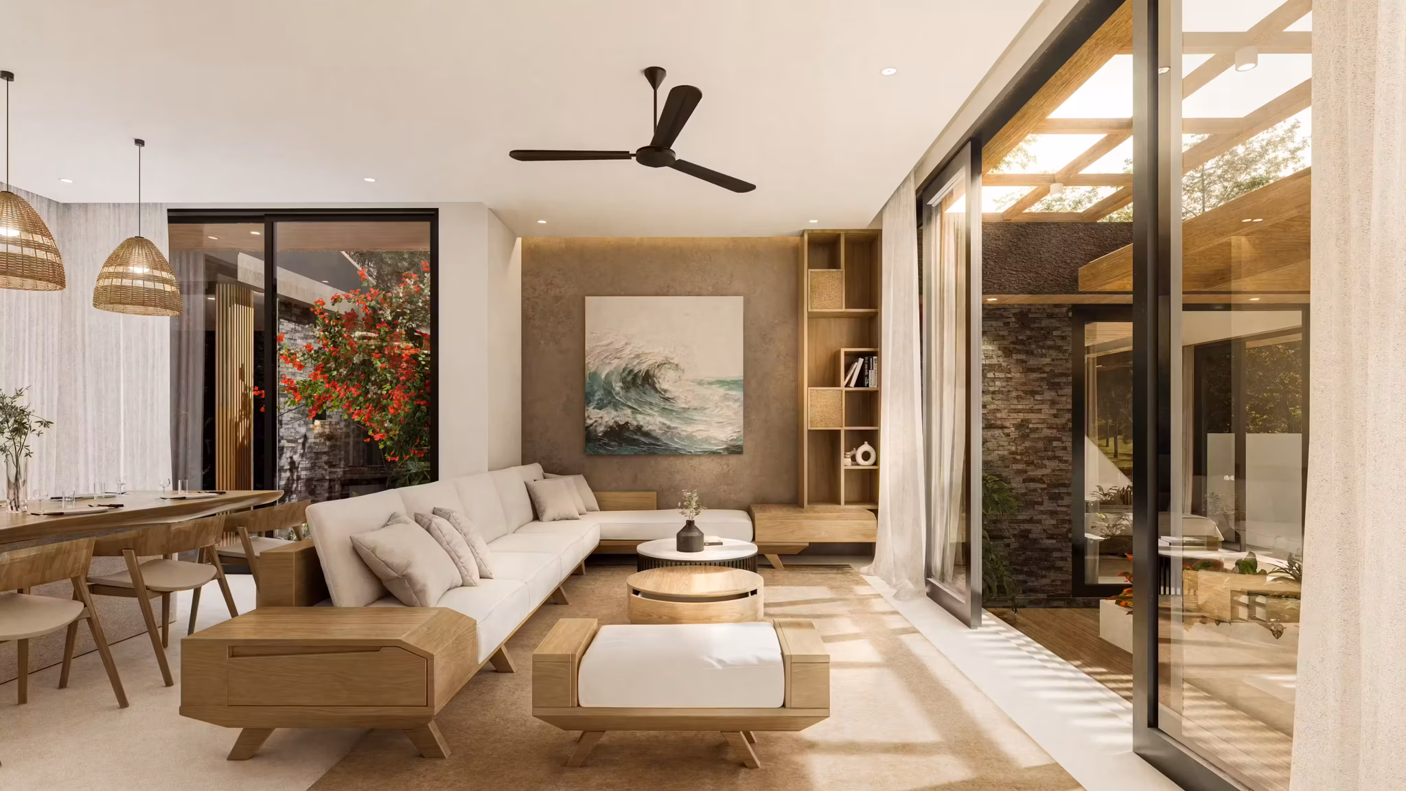 Interieur de villa balinaise moderne avec salon ouvert et terrasse en bois